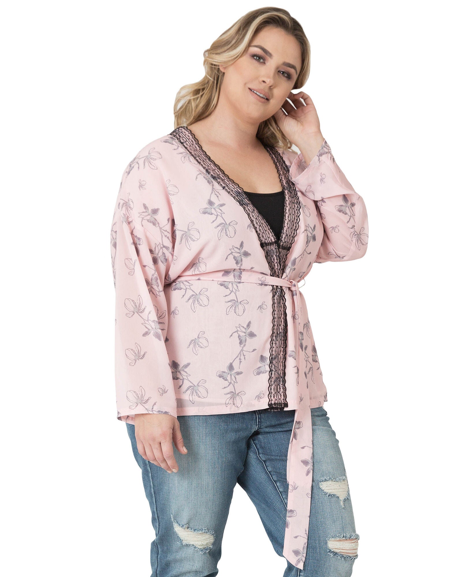 Plus Size Irna Floral Print Belted Kimono Cardigan Cover Up, Pink / Pink, alternate image number 3