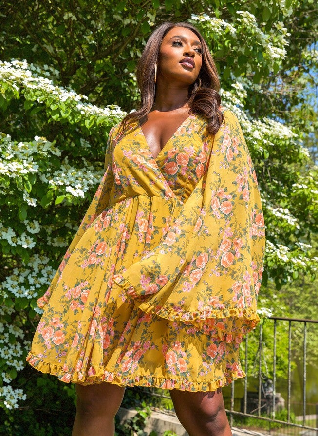 PENNY FLORAL FLARED SLEEVE MINI SKATER DRESS, Mustard / Mustard, alternate image number 2