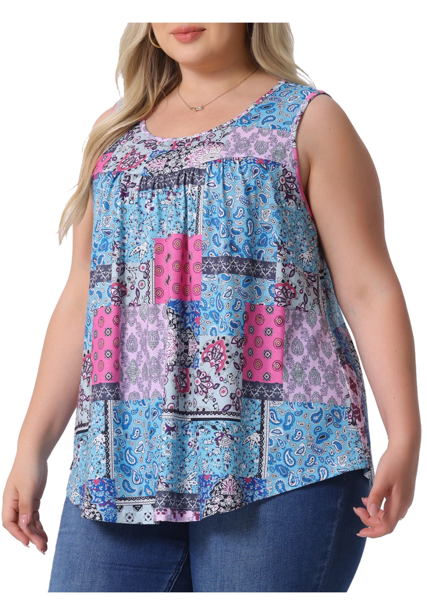 Round Neck Pleated Babydoll Boho Tank Tops, Blue / Light Blue, alternate image number 1