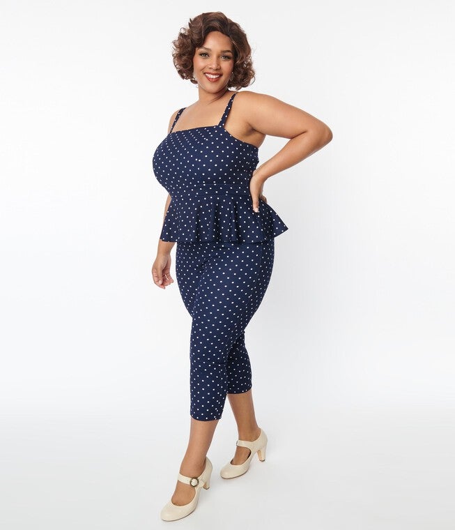 Unique Vintage Navy & White Dot Peplum Jumpsuit, Blue Polka Dot / Navy, alternate image number 3