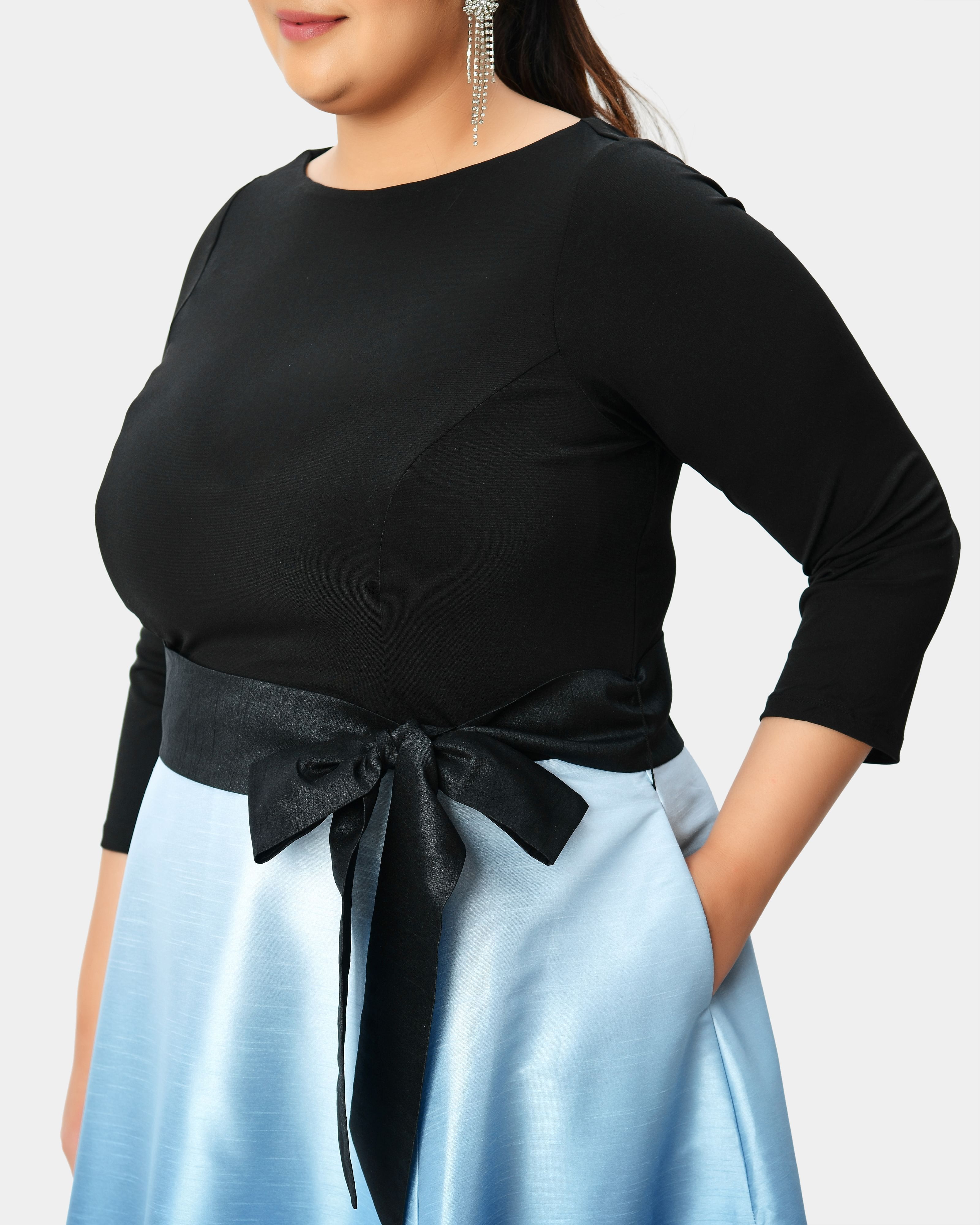 Jersey knit and ombre print dupioni boatneck maxi dress, Blue / Black, alternate image number 3
