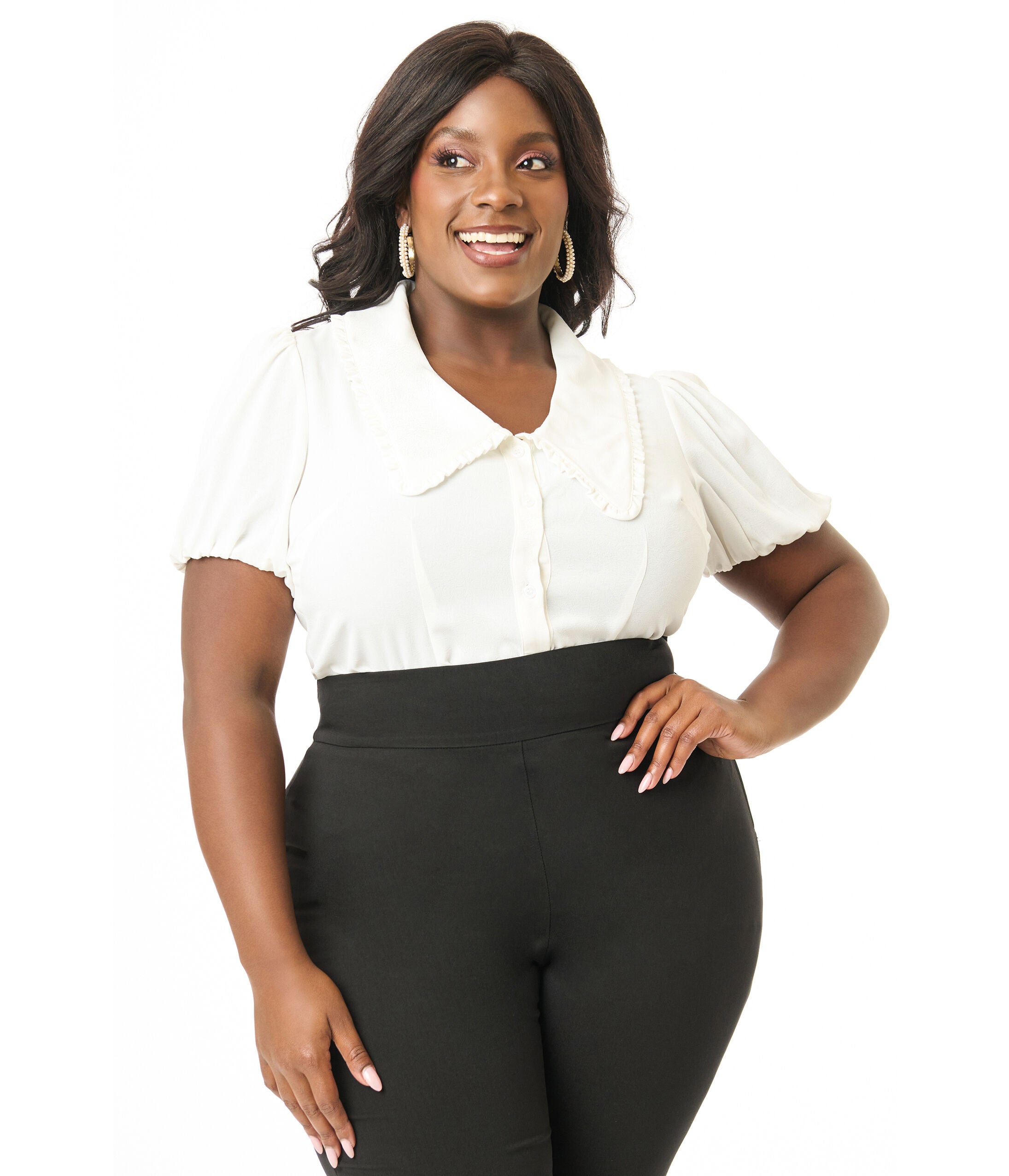 Unique Vintage Plus Size 1930s White Oversized Collar Blouse, White / White, hi-res image number 0