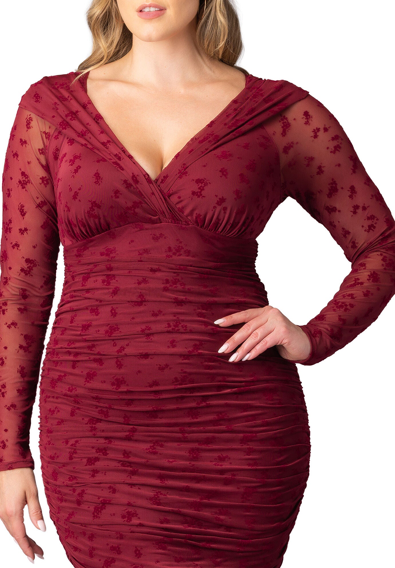 Betsey Ruched Dress, Burgundy Flocked Florals / Burgundy, alternate image number 2