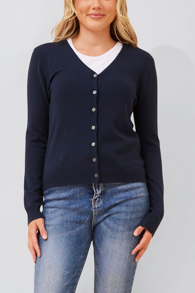 Collette Lightweight Solid Cardigan Button Front Long Sleeves, NAVY / Navy, hi-res image number 0