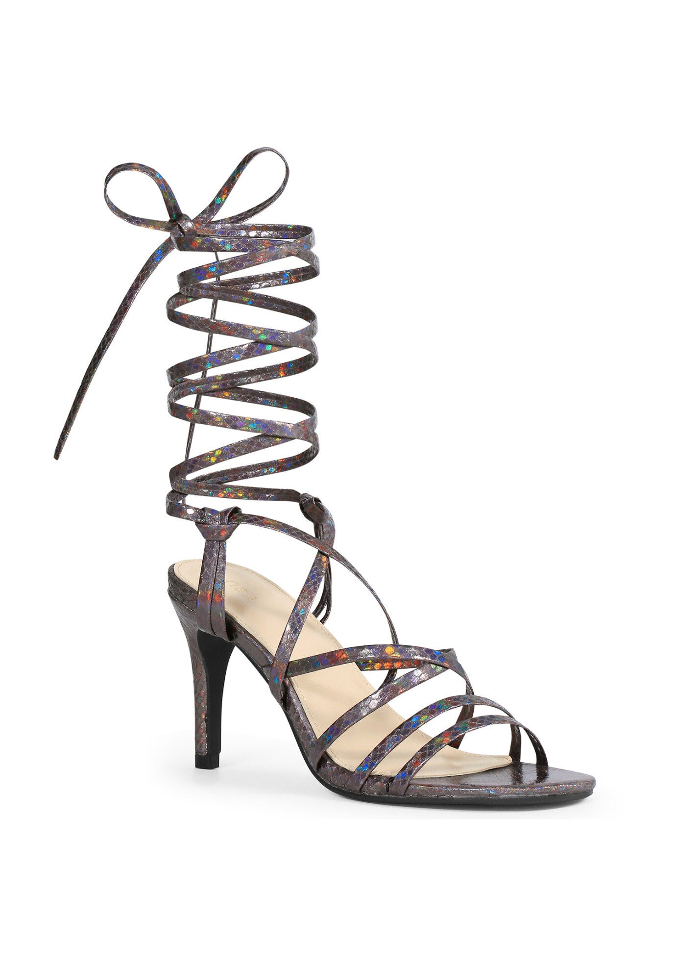 Snakeskin Strappy Lace Up Stiletto Heels Gladiator Sandals, Gunmetal / Charcoal Grey, hi-res image number 0