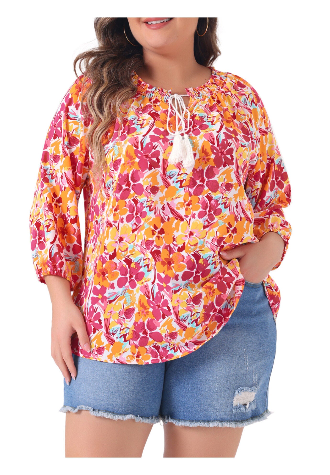 Floral Loose Top Tie 3/4 Sleeve Beach Tunic Blouse, Orange / Orange, alternate image number 2