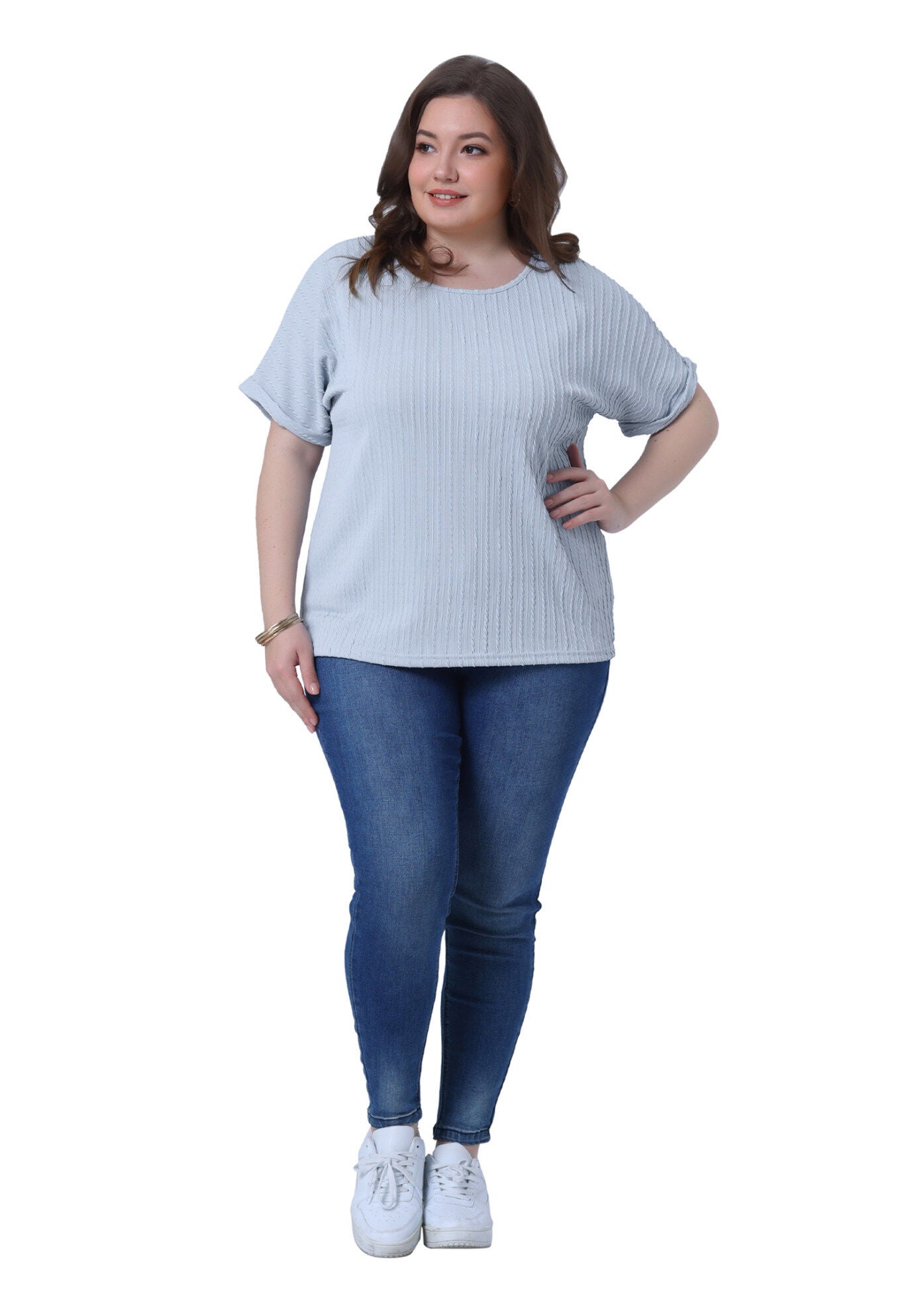 Textured Rolled Short Sleeve Crew Neck T-Shirts Blouses, Light Blue / Light Blue, hi-res image number 0