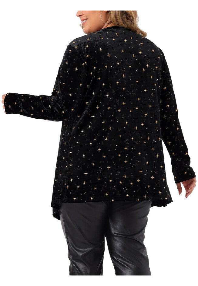 OPEN FRONT DRAPED SHINY VELVET CARDIGAN, Black / Black, alternate image number 3