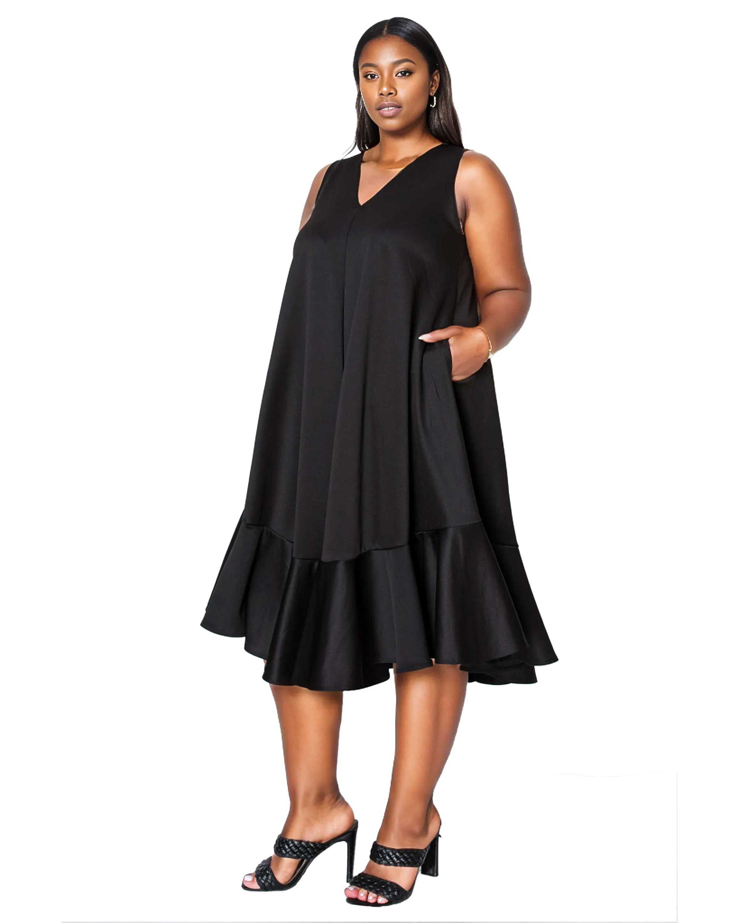 SIMONE SLEEVELESS POCKET FLARE DRESS, Black / Black, alternate image number 1
