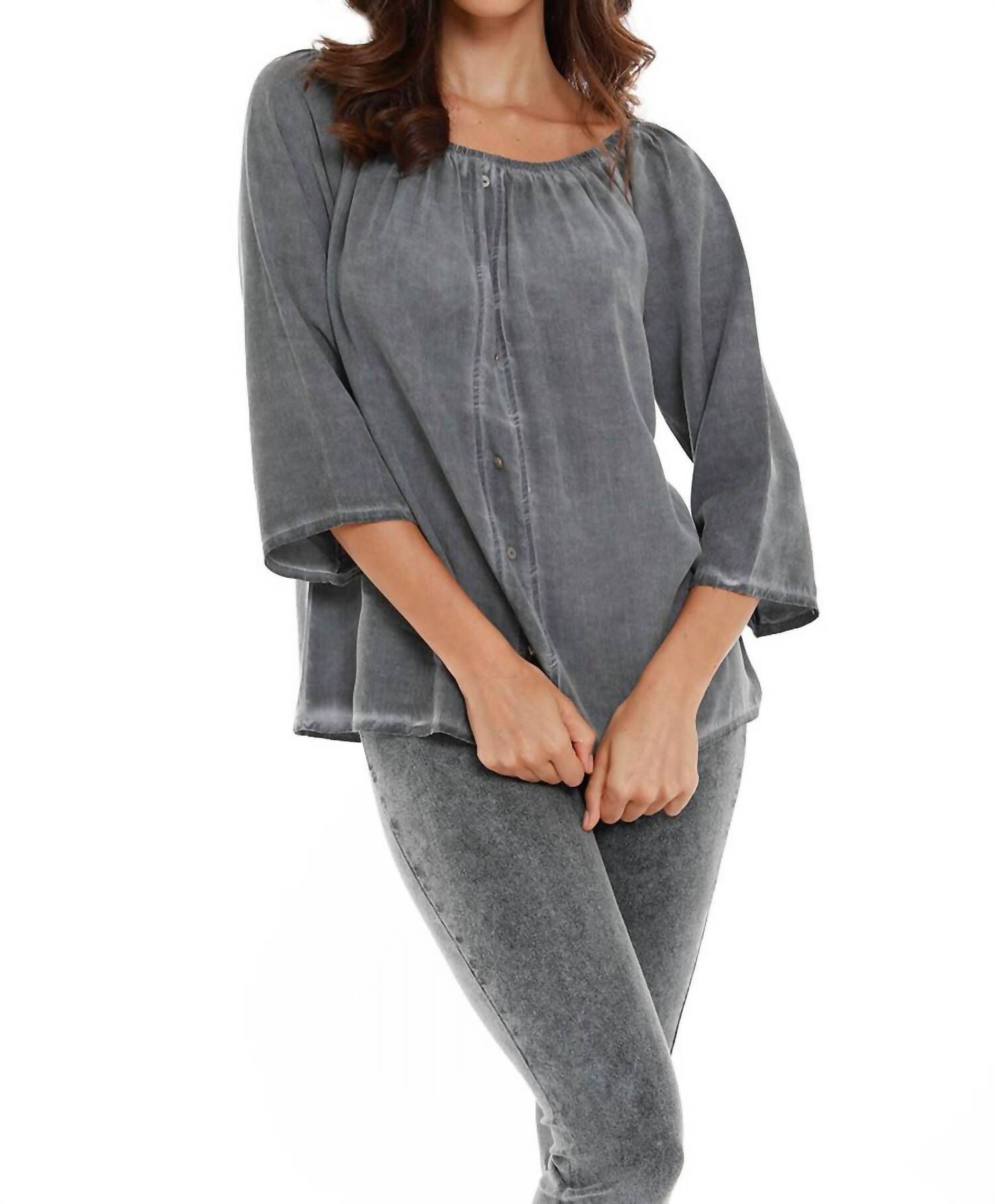 LUCIANA BUTTON OFF THE SHOULDER TOP IN CHARCOAL, Charcoal / Black, hi-res image number 0