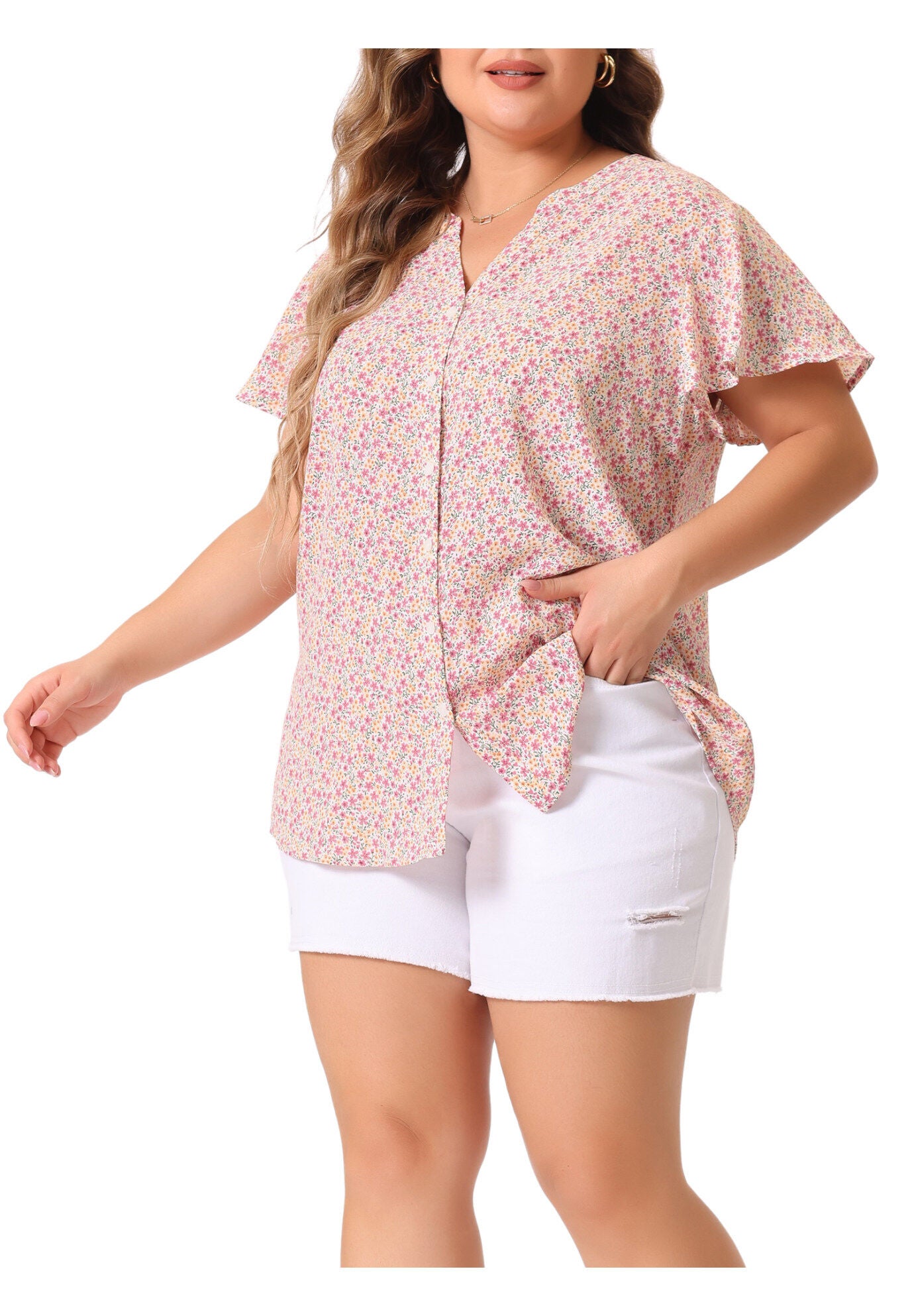 Flare Short Sleeve Button Down Floral Top Chiffon Shirt, Pink / Pink, alternate image number 2