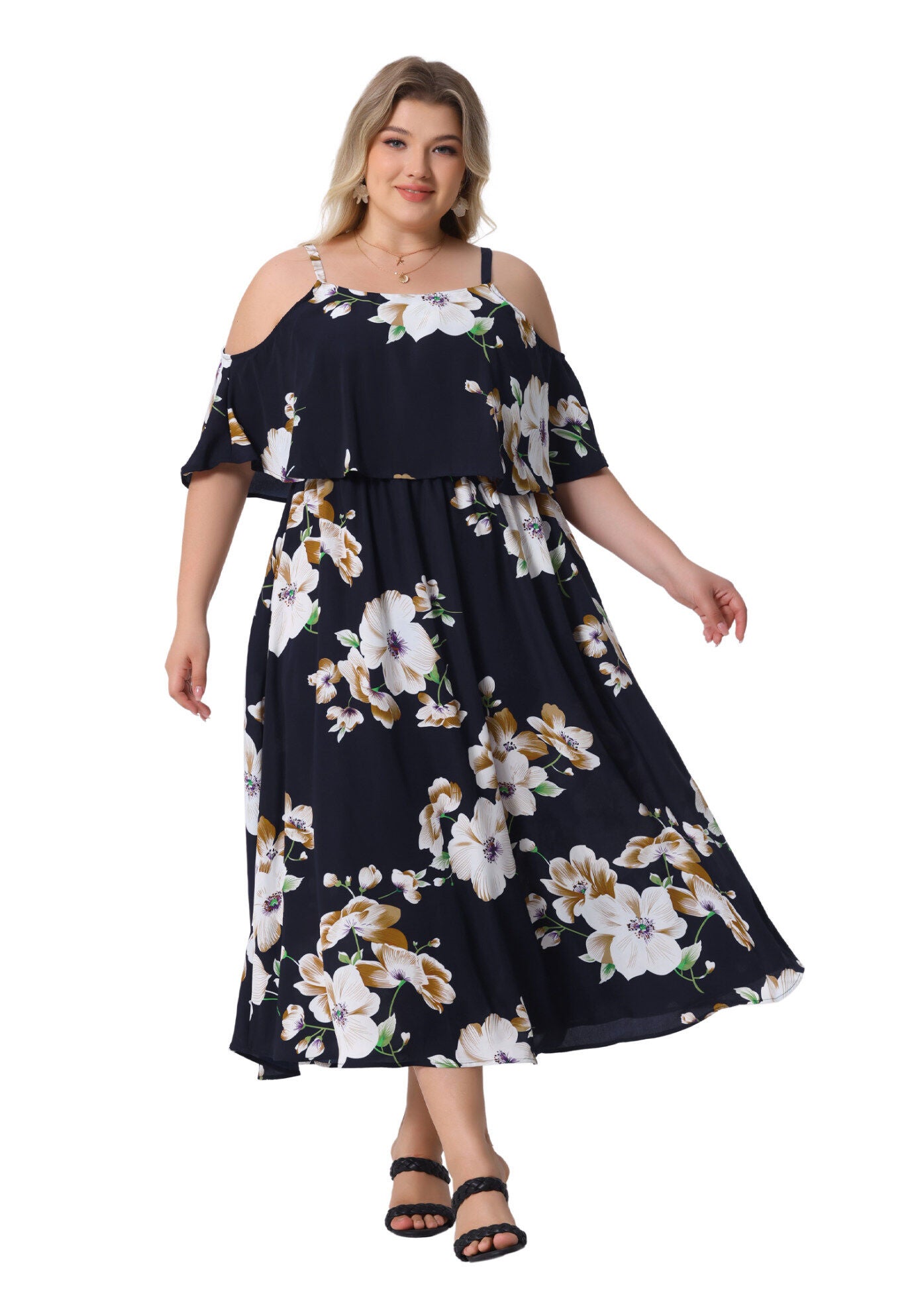 Summer Square Neck Adjustable Strap Beach Maxi Dress, Navy Blue / Navy, hi-res image number 0