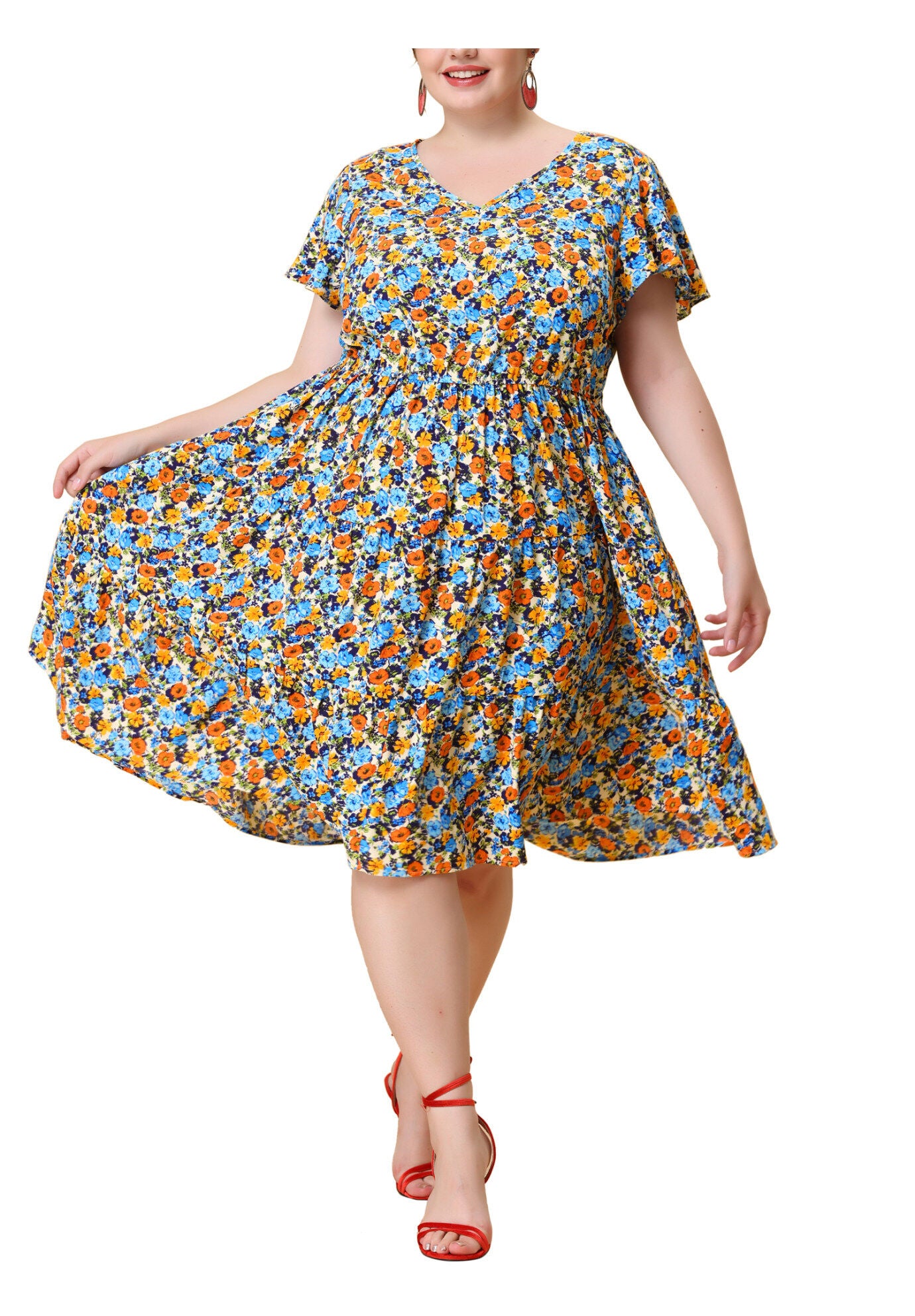 Floral Printed V Neck Summer Midi Flared Dress, Vintage Beige / Beige, alternate image number 1