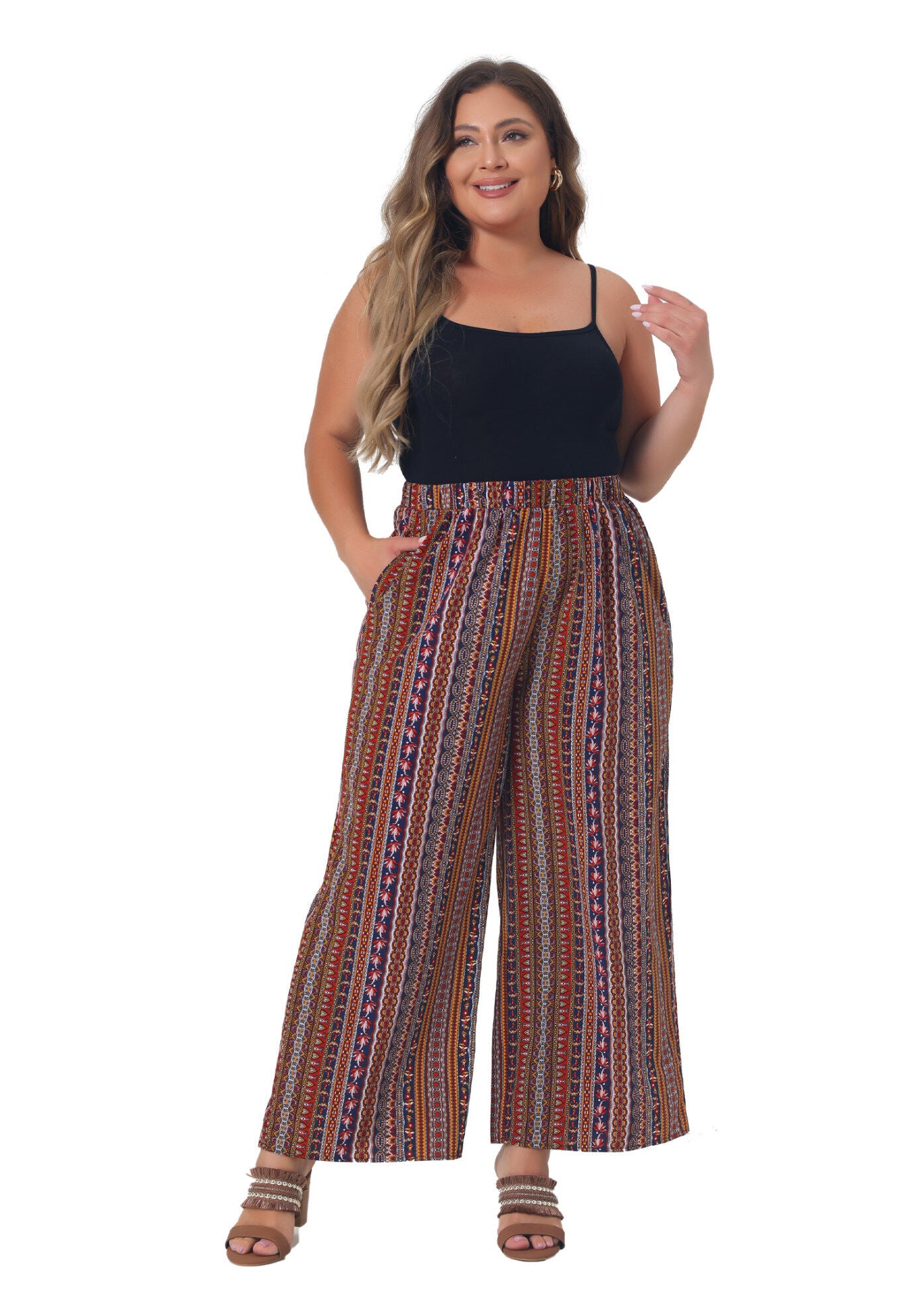 STRIPE BOHO WIDE LEG PAPER BAG PALAZZO PANTS, Red Brown / Red, hi-res image number 0