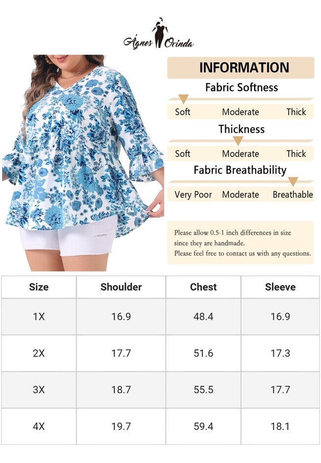 Floral V Neck Ruffle Sleeve Babydoll Peplum Blouse, Blue / Azure Blue, alternate image number 4