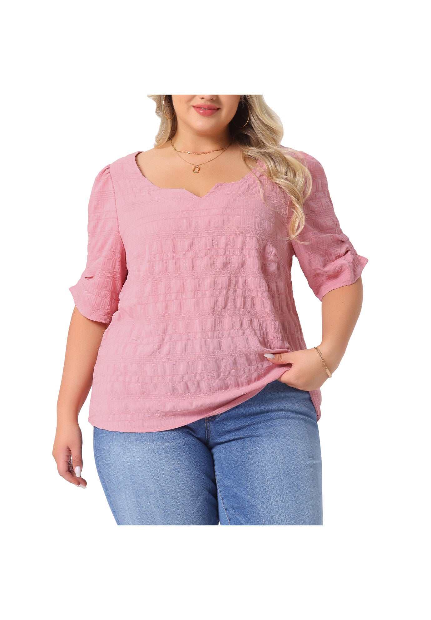 Pleated Notched Short Sleeve Casual Blouse, Pink / Pink, alternate image number 2