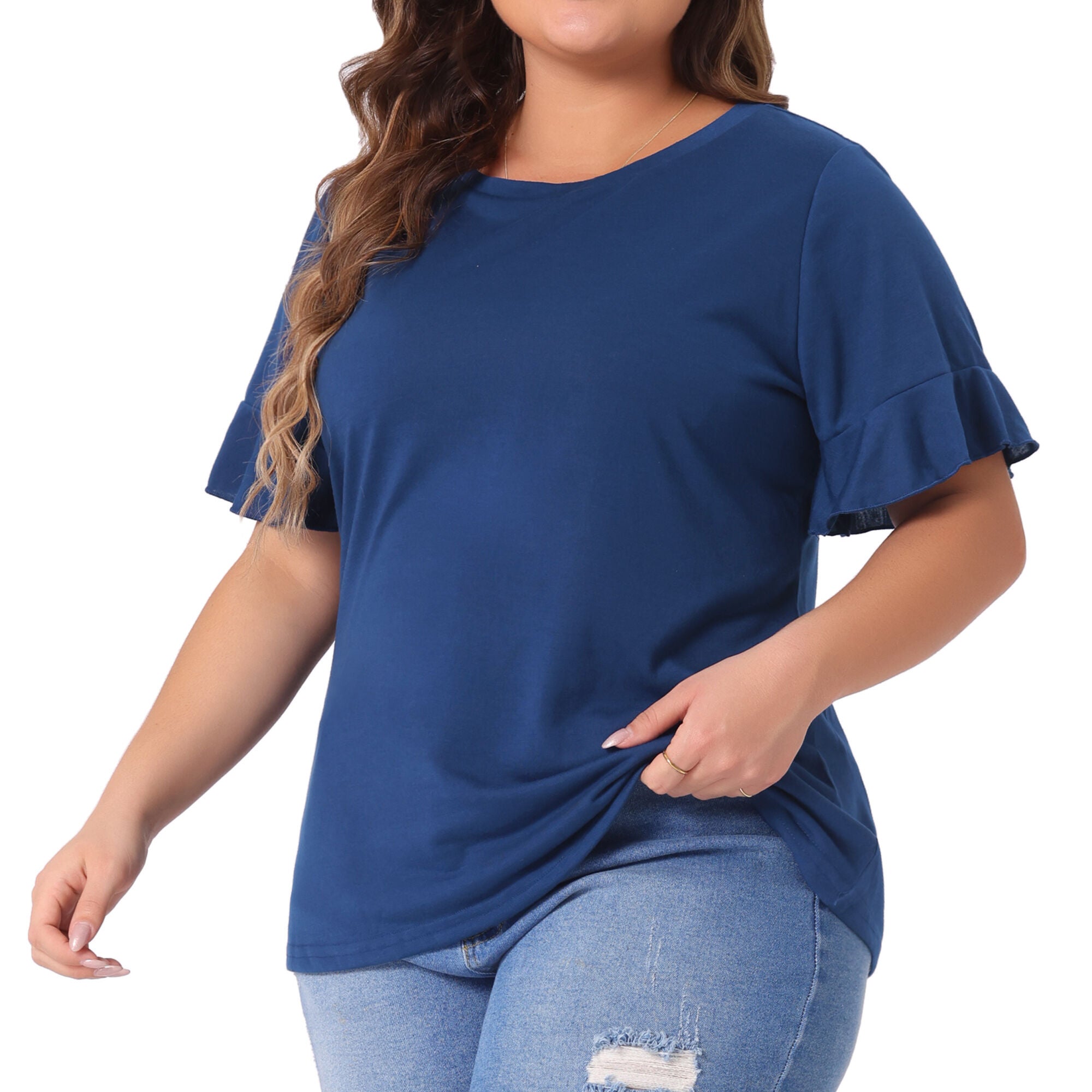 PLAIN CREW NECK RUFFLE SHORT SLEEVE TEE TOP, Dark Blue / Navy, alternate image number 1