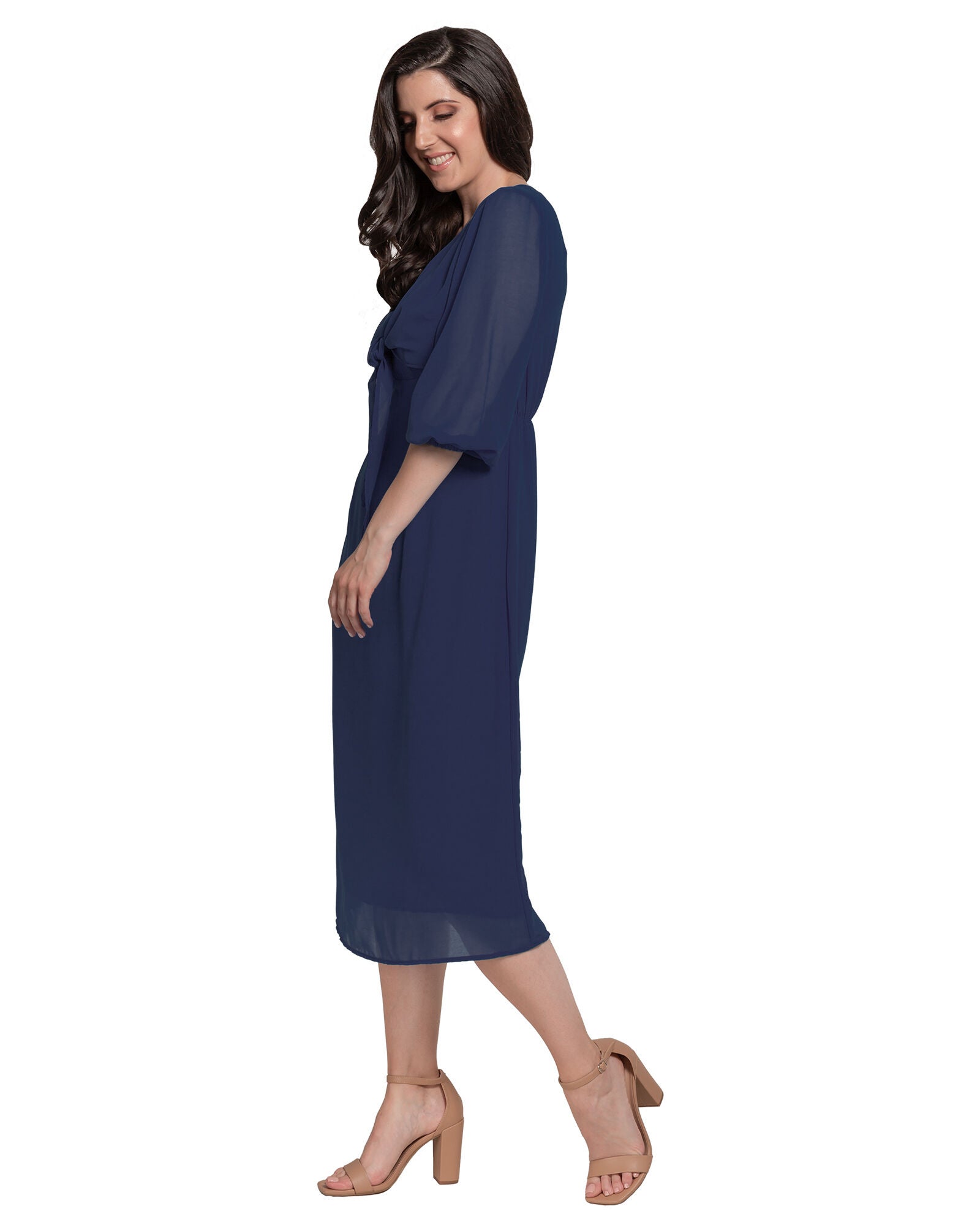 Standards & Practices Tie Front Puff Sleeves Midi Dress, , alternate image number 7