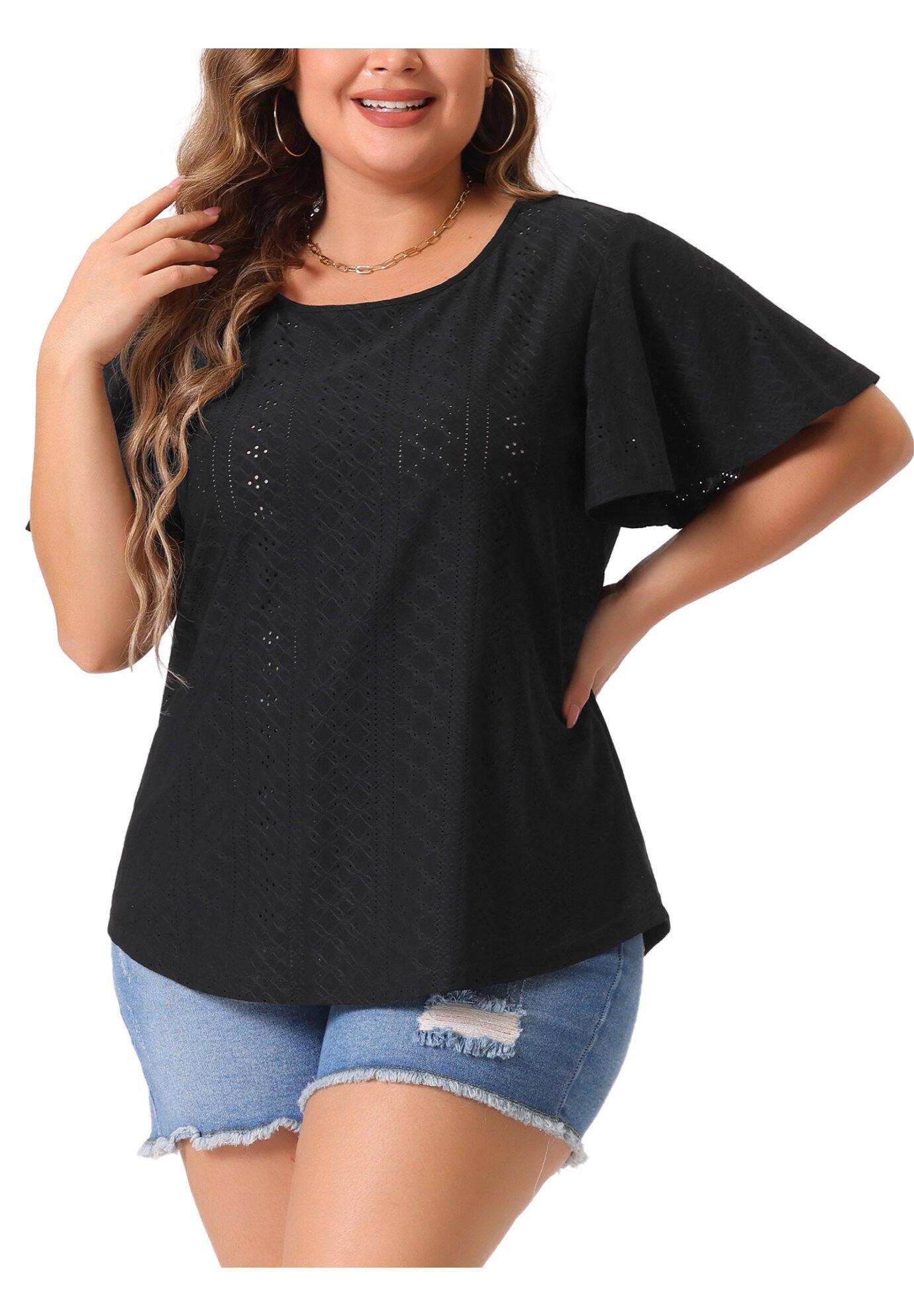 V NECK LOOSE FIT RUFFLE SLEEVE SUMMER HOLLOW TOP, Black / Black, alternate image number 2