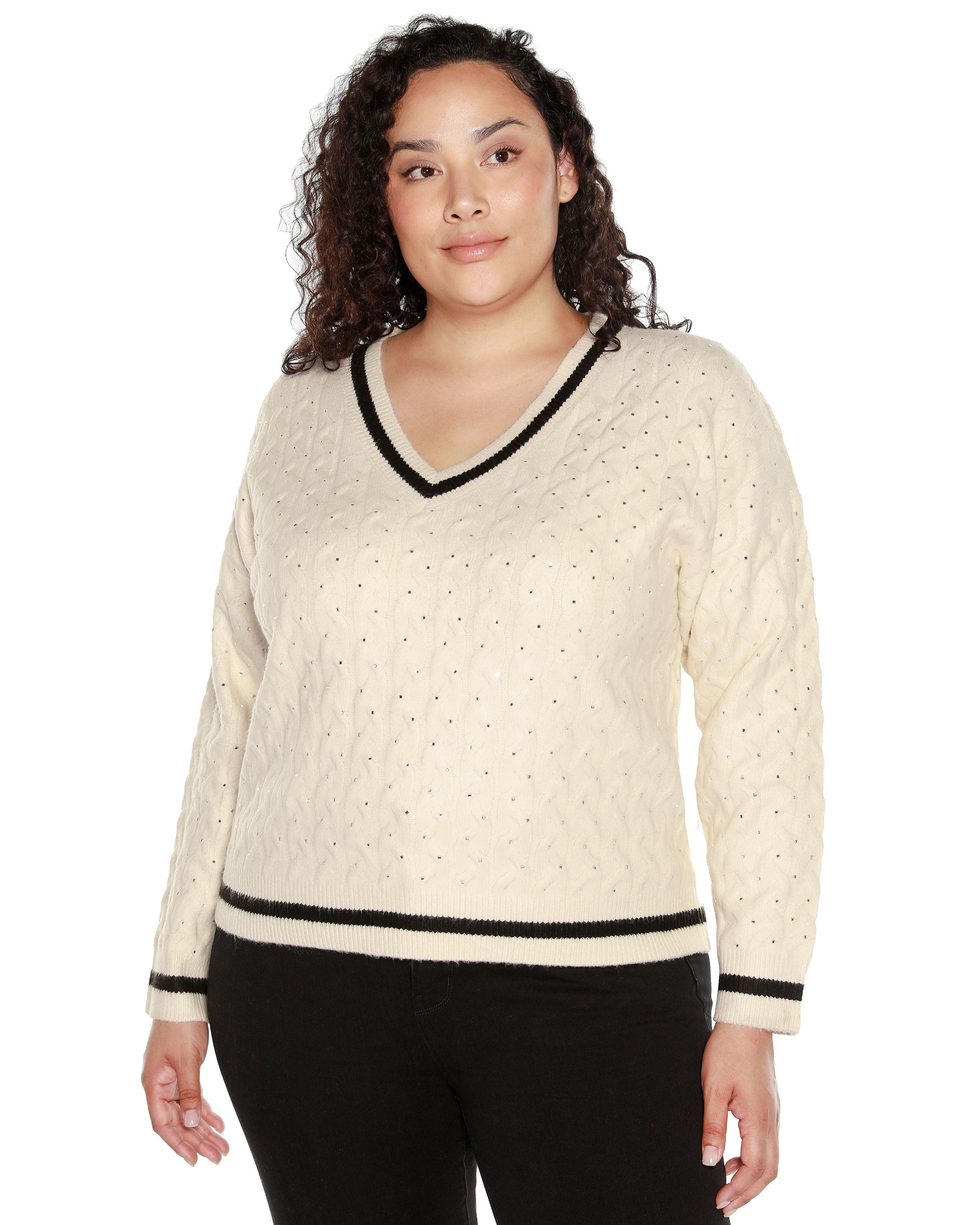 EMBELLISHED CABLED V-NECK SWEATER, Winter White  Black / Cream, hi-res image number 0