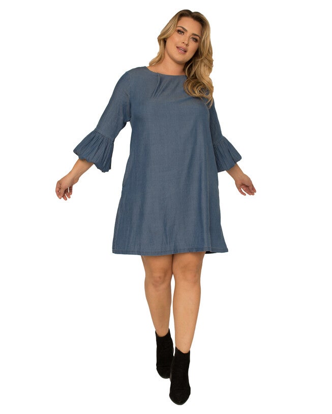 Plus Size Women's Tencel 3/4 Balloon Sleeves Medium Blue Midi Shift Dress, 3214 Medium Blue / Navy, alternate image number 3