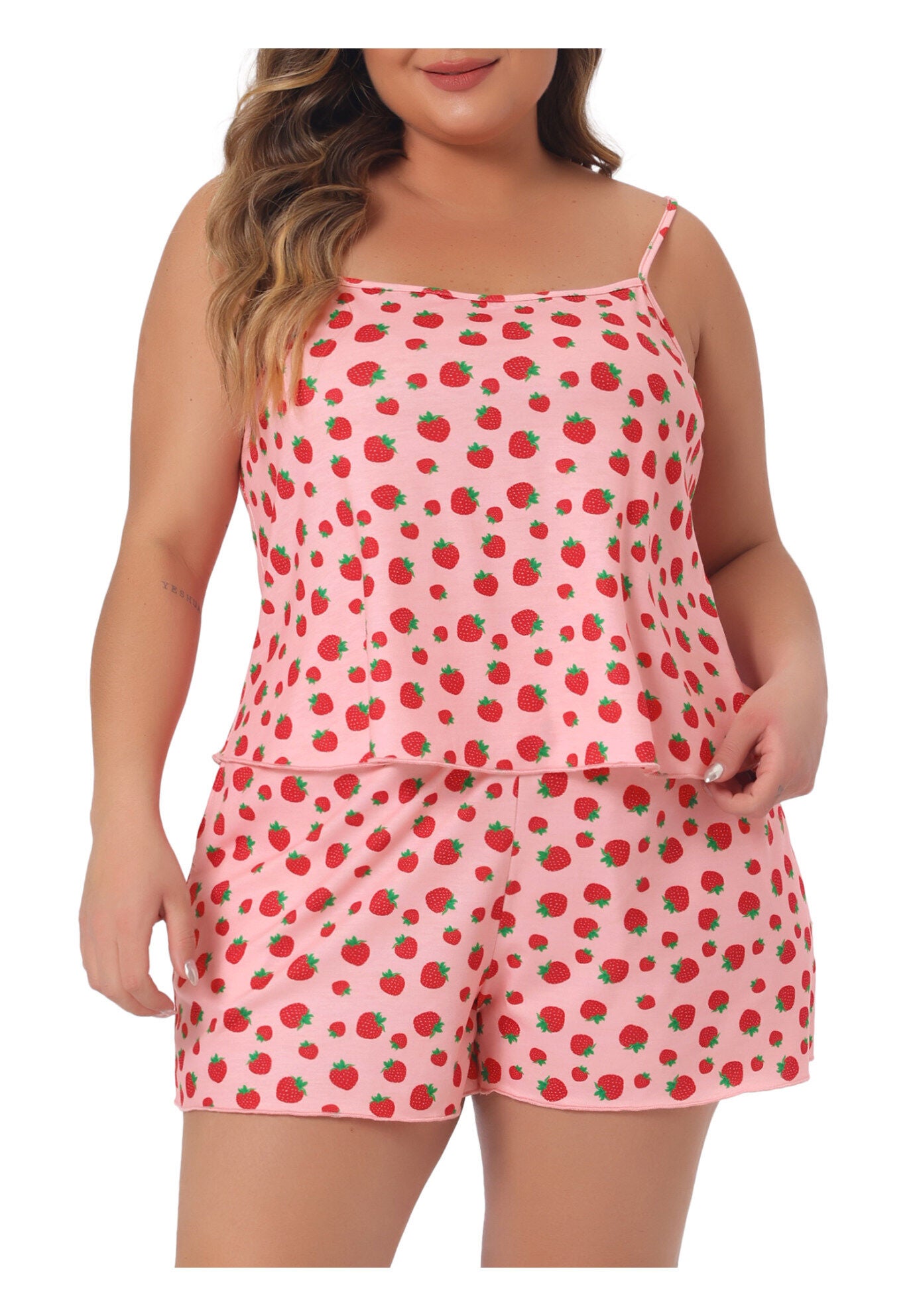 Strawberry Pattern Cami Shorts Sleepwear Set, Pink / Pink, alternate image number 2