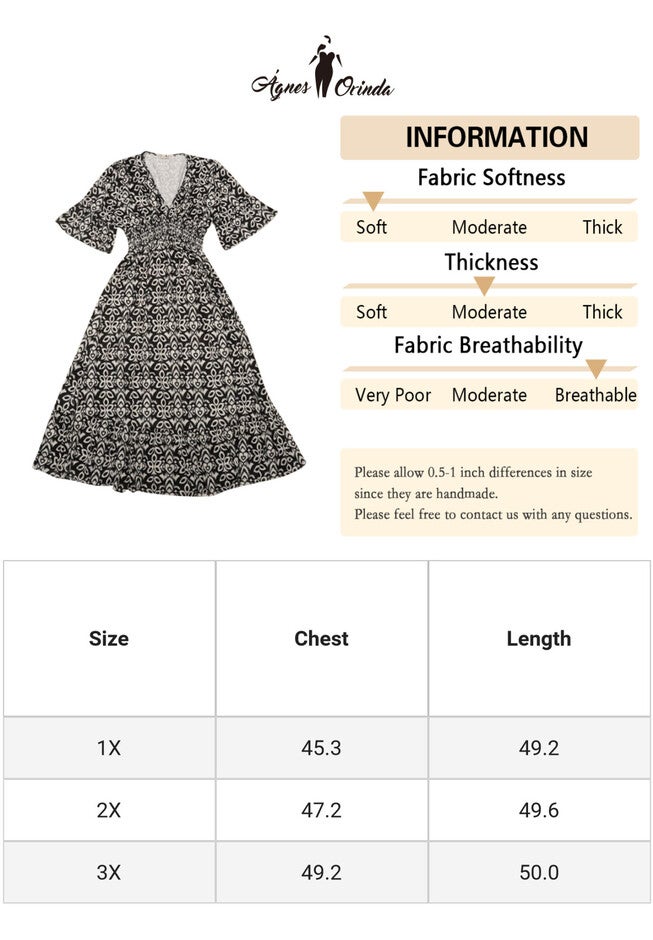 Bell Sleeve Ruffled Hem V Neck Short Sleeve Boho A Line Long Dress, Black / Black, alternate image number 2