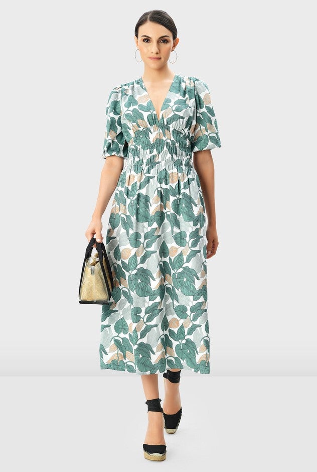 Smocked Empire Waist Leaf Print Cotton Poplin Dress, White / Mint, hi-res image number null