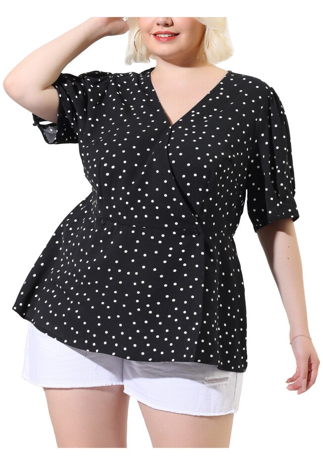 Summer V Neck Wrap Short Sleeve Polka Dots Peplum Top, Black / Black, alternate image number 2