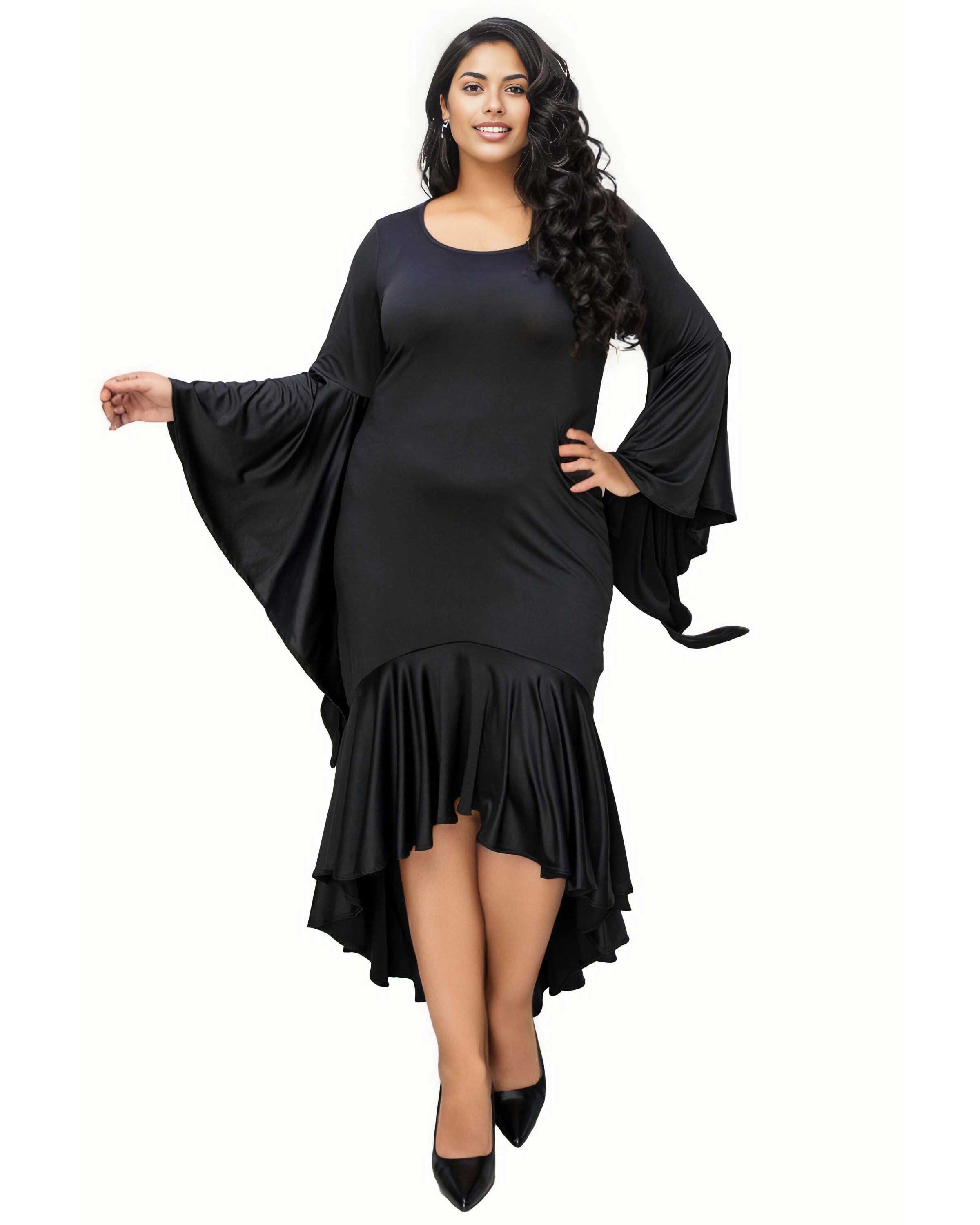 ARIELLE FLOWY MERMAID HEM DRESS, Black / Black, hi-res image number 0