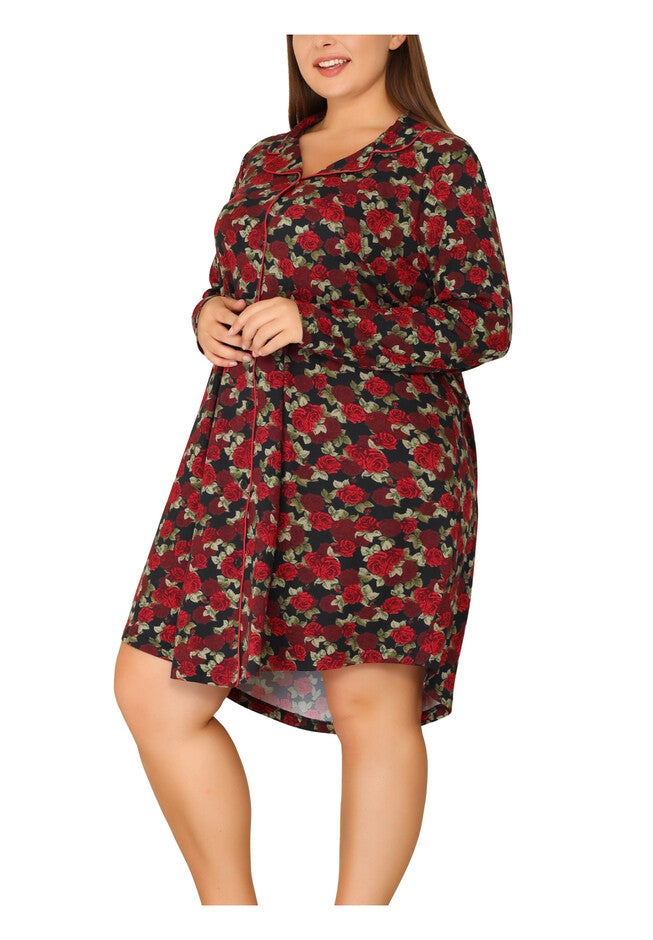 Floral Notched Lapel Button Up Nightgown, Red / Red, alternate image number 2