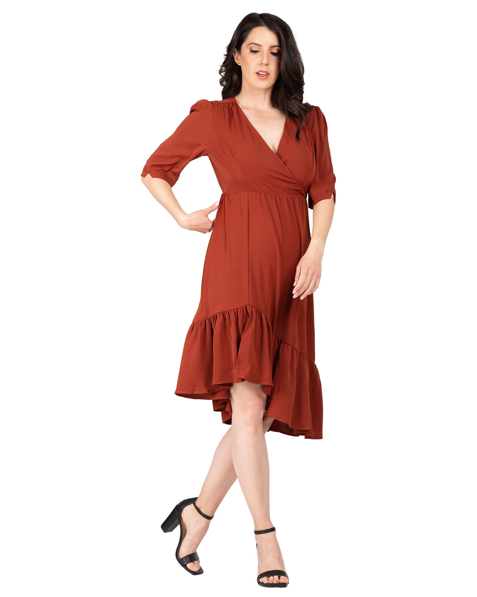 Kelsie Women&#39;s Ruched sleeve V Neck Ruffle Hem Midi Dress, Brownie / Terracotta, alternate image number 4
