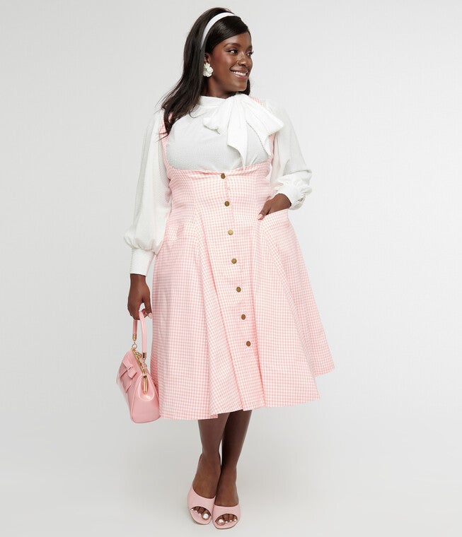 Unique Vintage Pink & White Gingham Button Suspender Swing Skirt, Pink Gingham / Pink, alternate image number 2