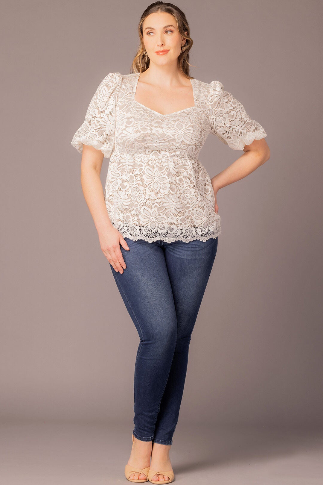 Winsome Sweetheart Lace Peplum Top, IvoryNude / Ivory, alternate image number 4