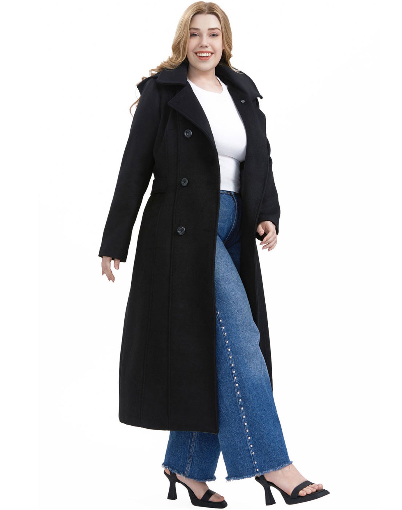 Double -Breasted Hooded Wool Blend Long Coat, Black, alternate image number 3