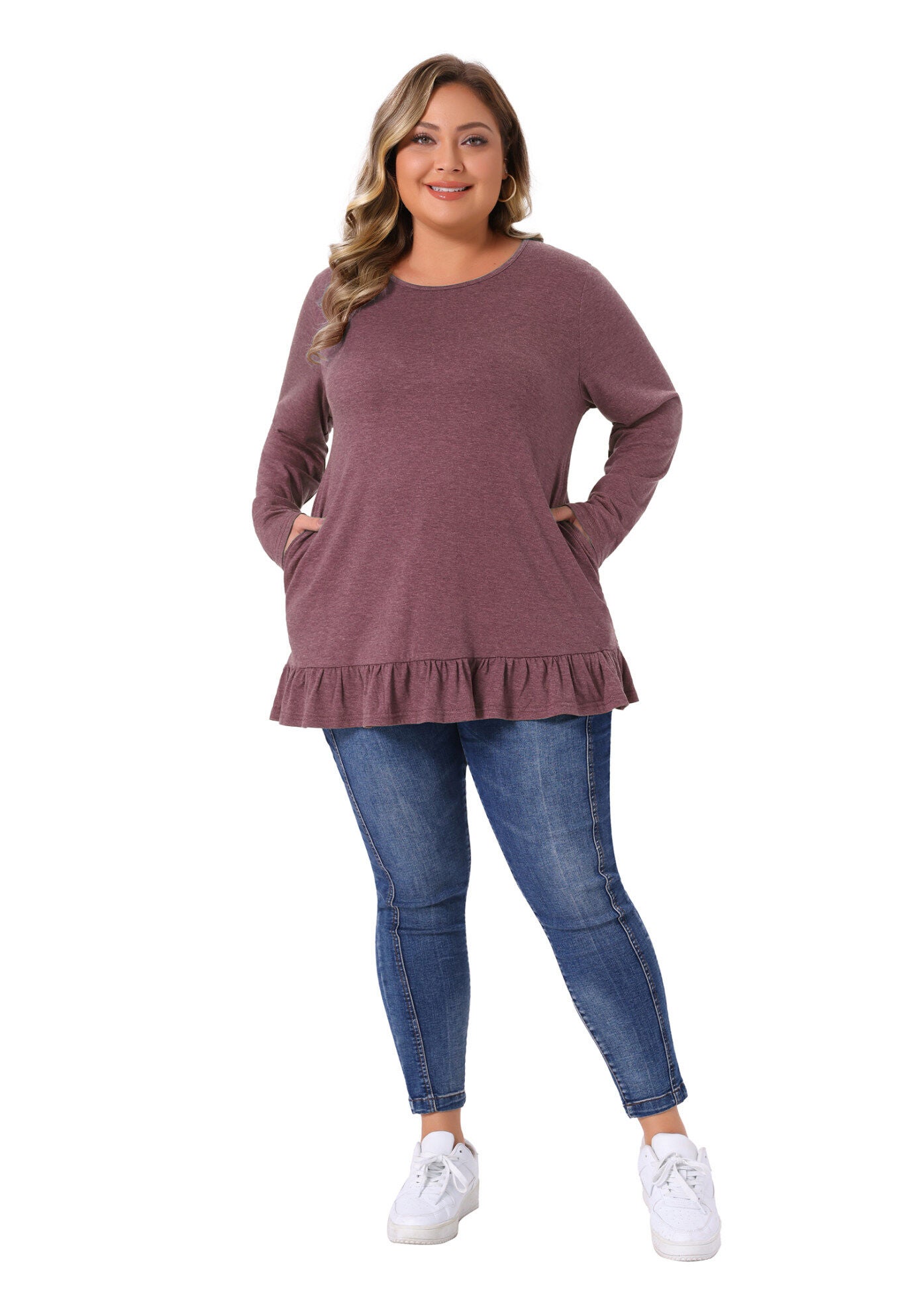 Crew Neck Ruffled Hem Flowy Blouses with Pockets, Burgundy / Burgundy, hi-res image number 0