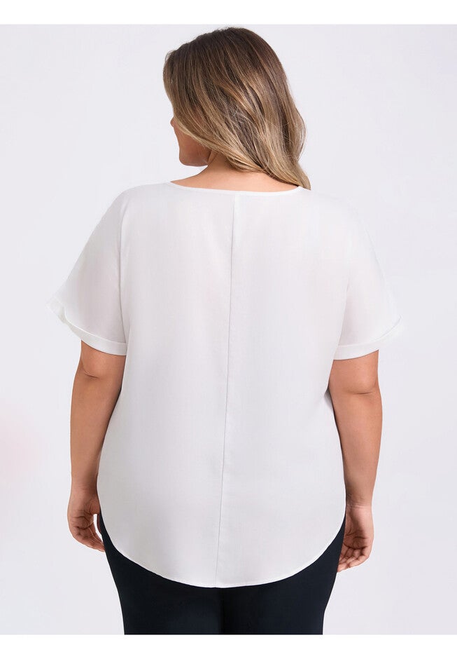 Keyhole Neck Metal Trim Blouses Folded Cuff Short Sleeve T-Shirt Top, White / White, alternate image number 2
