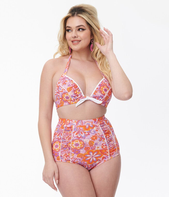 Unique Vintage Purple & Orange Bohemian Floral Print Halter Swim Top, Purple  Orange Bohemian Floral Print / Purple, hi-res image number 0