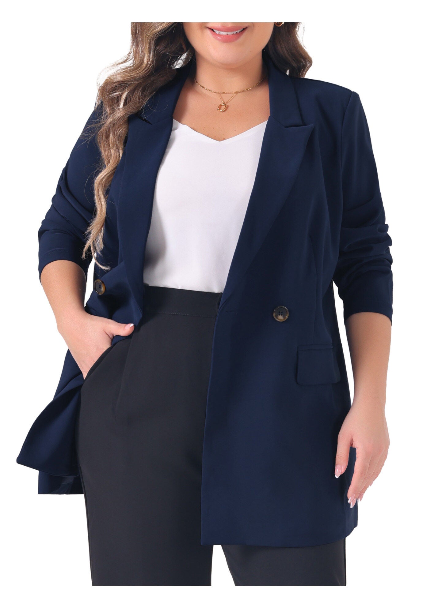 LAPEL BUTTON OFFICE WORK BLAZER, Navy Blue / Navy, alternate image number 1