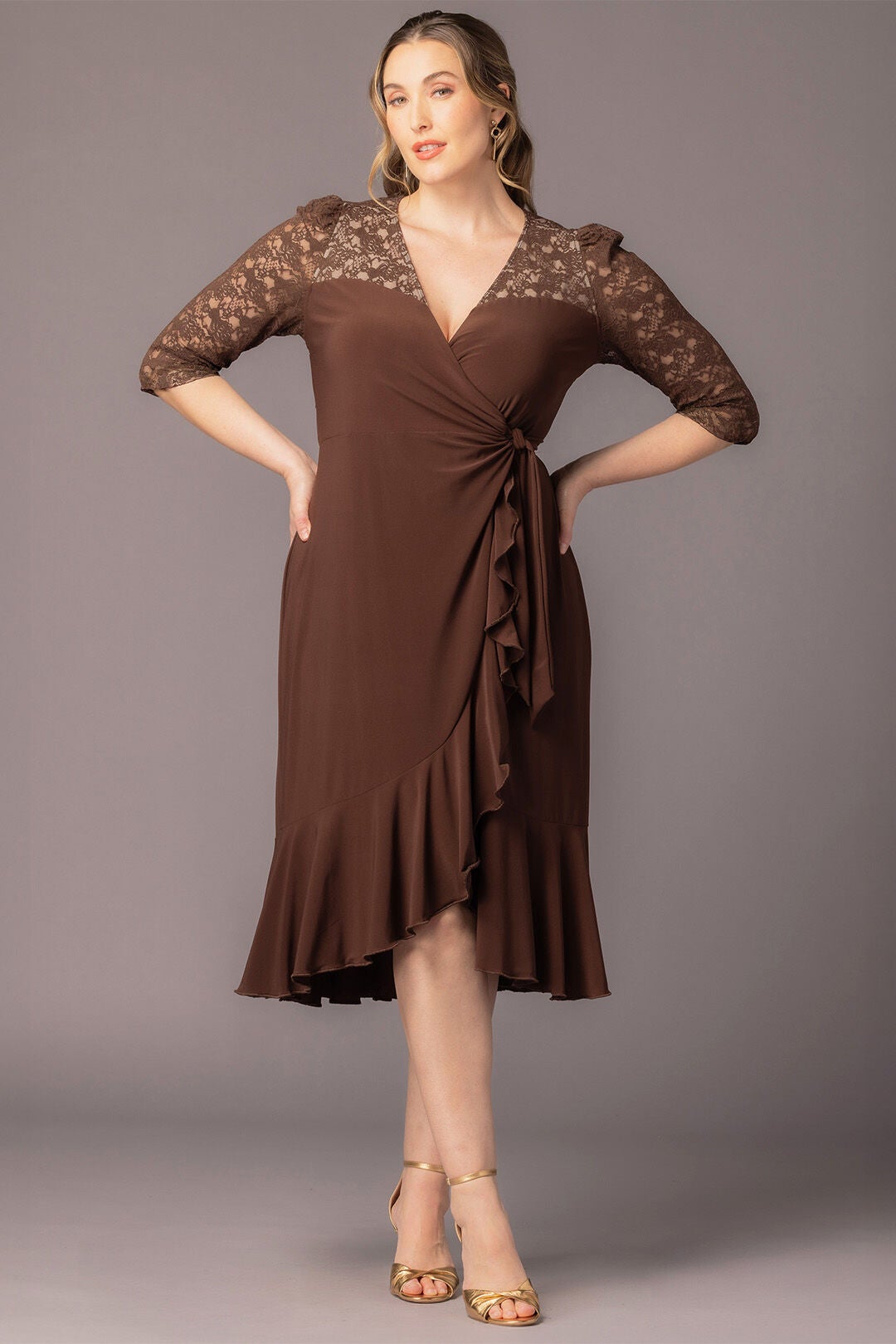 Lavish Lace Wrap Dress, Chocolate / Brown, alternate image number 1