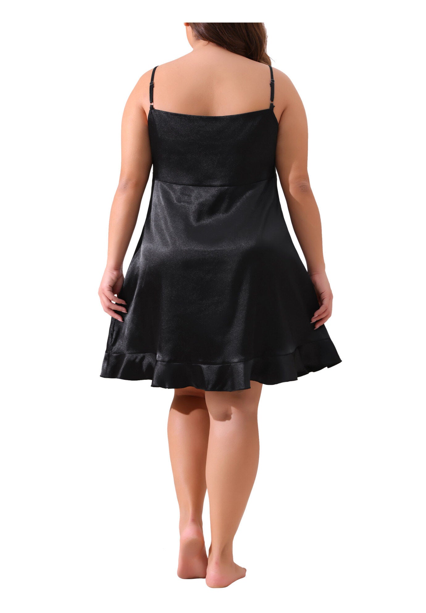 SATIN LINGERIE V-NECK SLEEVELESS RUFFLE TRIM CAMI DRESS NIGHTGOWN, Black / Black, alternate image number 3