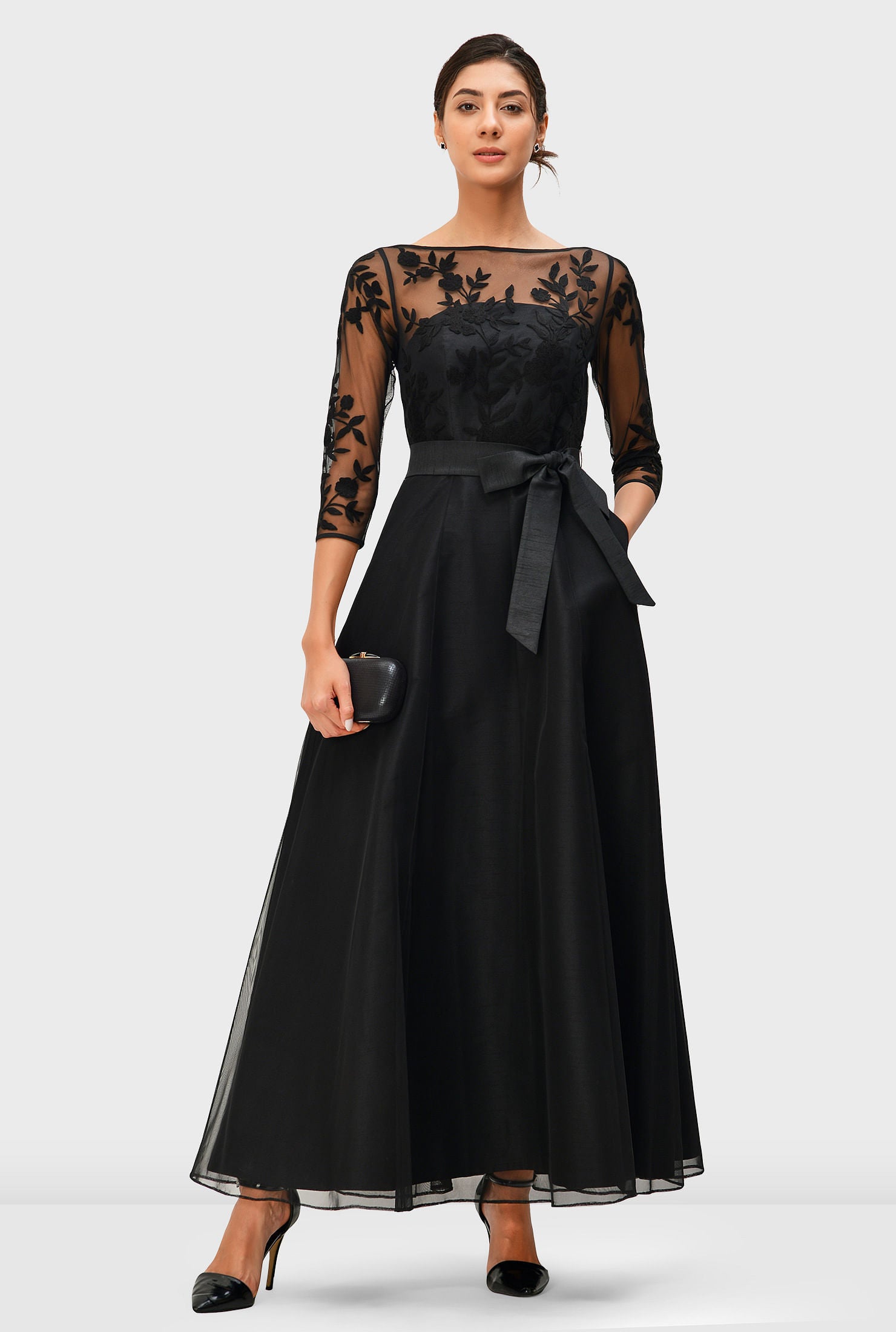 Floral Embroidery Illusion Tulle And Dupioni Dress, Black / Black, hi-res image number 0
