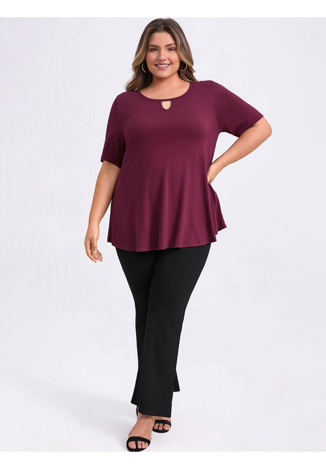 Knit Keyhole V Neck Short Sleeve Swing Tunic Blouse, Burgundy / Burgundy, alternate image number 1