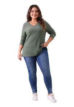 V Neck Long Sleeve Ribbed Brushed Tunic Blouse