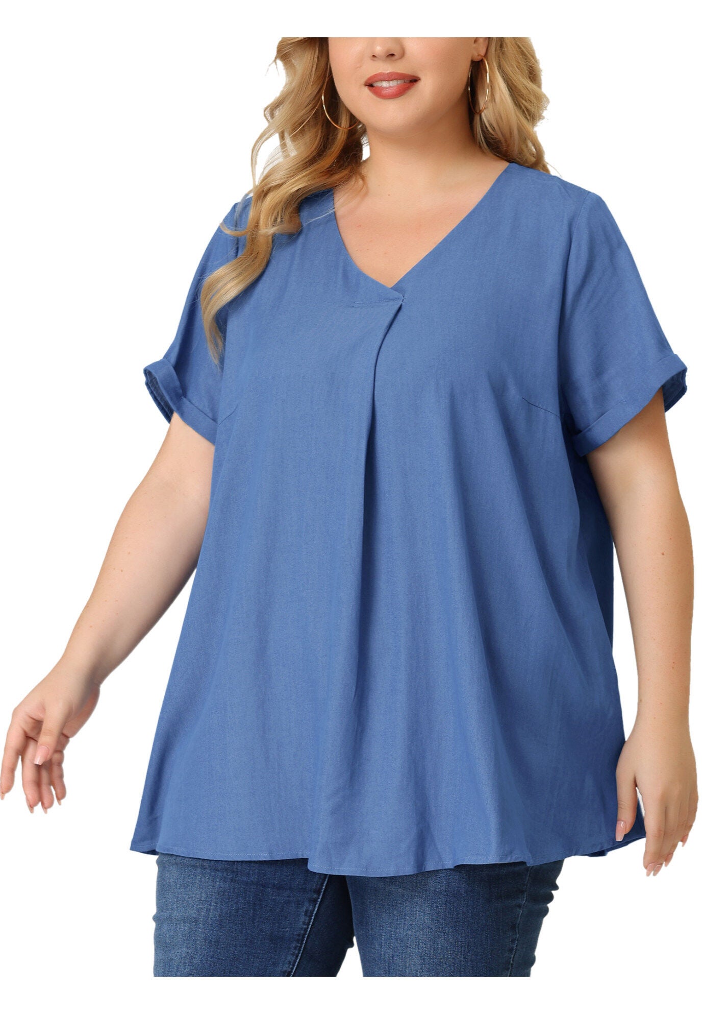 Chambray Pleat Front V Neck Short Sleeve Blouse Top, Blue / Cornflower Blue, alternate image number 2