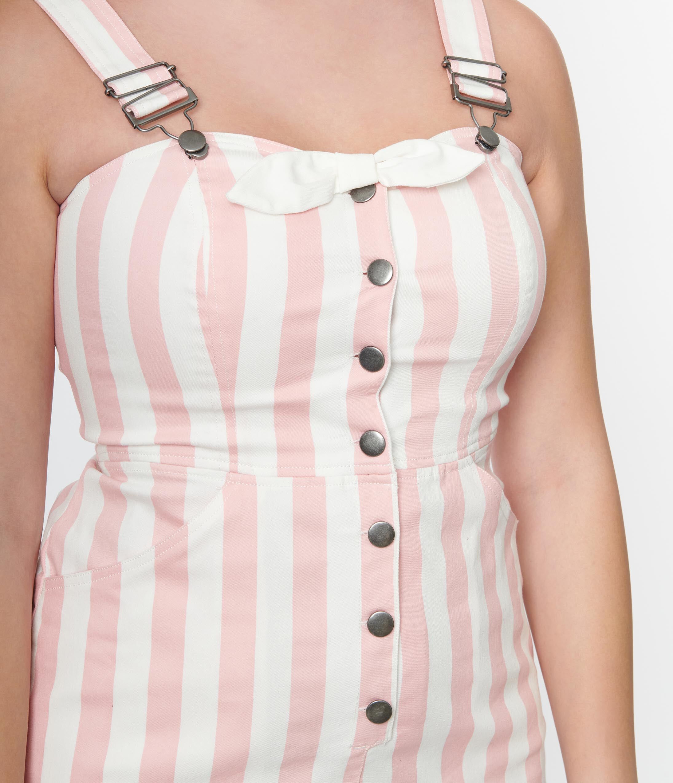 Unique Vintage Pink & White Stripe Fitted Pinafore, Pink Striped White / Pink, alternate image number 2