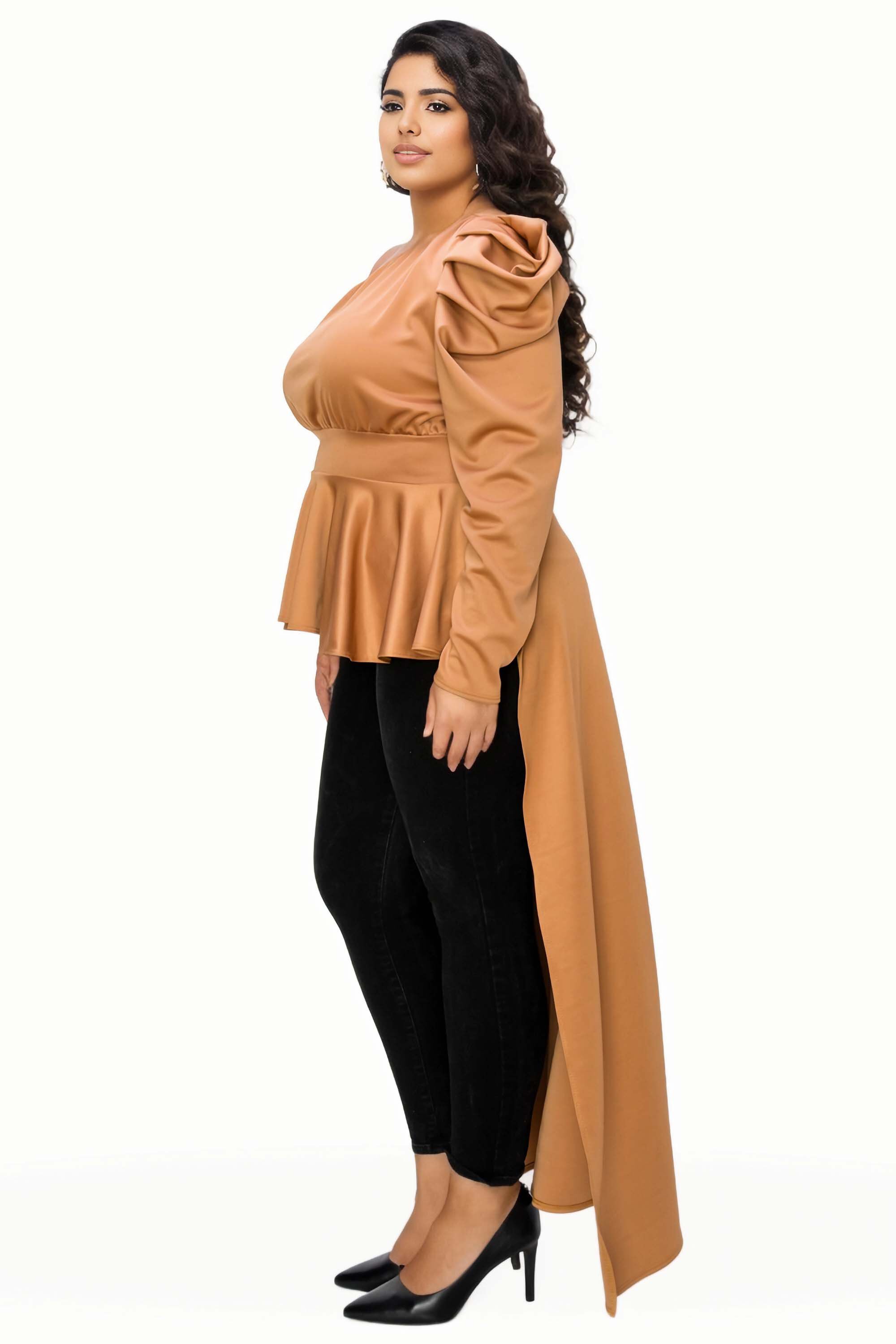 NICOLETTE ONE SHOULDER PEPLUM TOP, Camel / Beige, alternate image number 2
