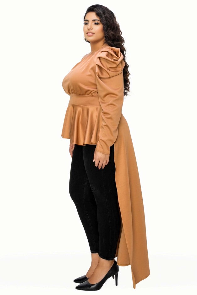 NICOLETTE ONE SHOULDER PEPLUM TOP, Camel / Beige, alternate image number 2