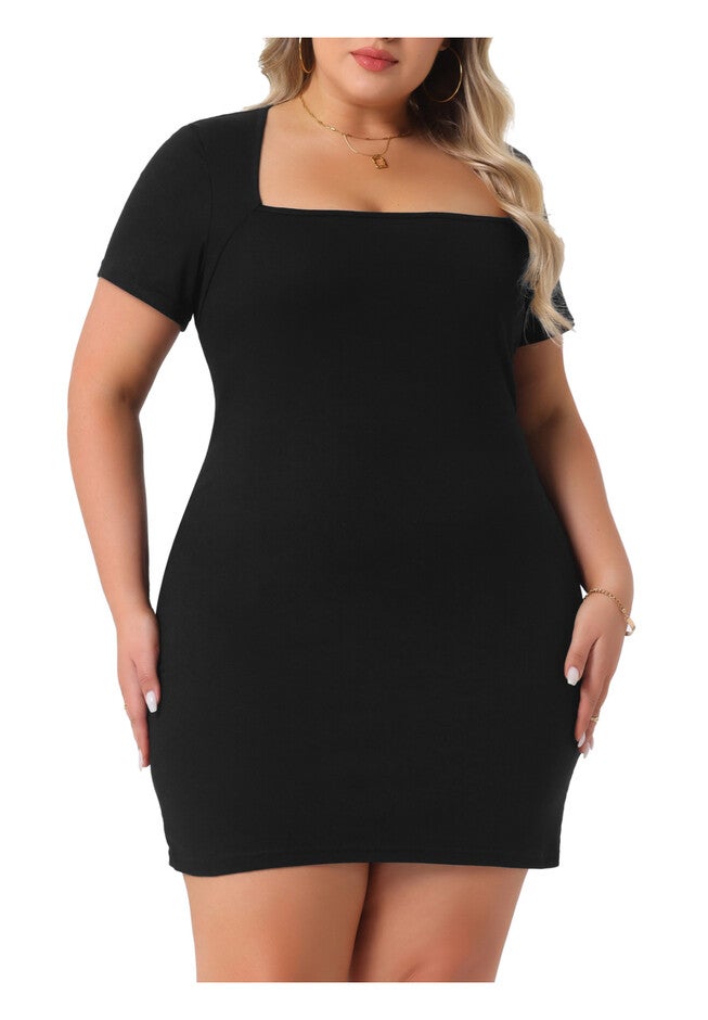 Short Sleeve Square Neck Casual Sundress Midi T Shirt Dres, Black / Black, alternate image number 2