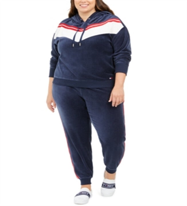 Tommy Hilfiger Women's Sport Plus Chevron Velour Hooded Sweatshirt Navy Size 0X, Blue / Navy, hi-res image number 0